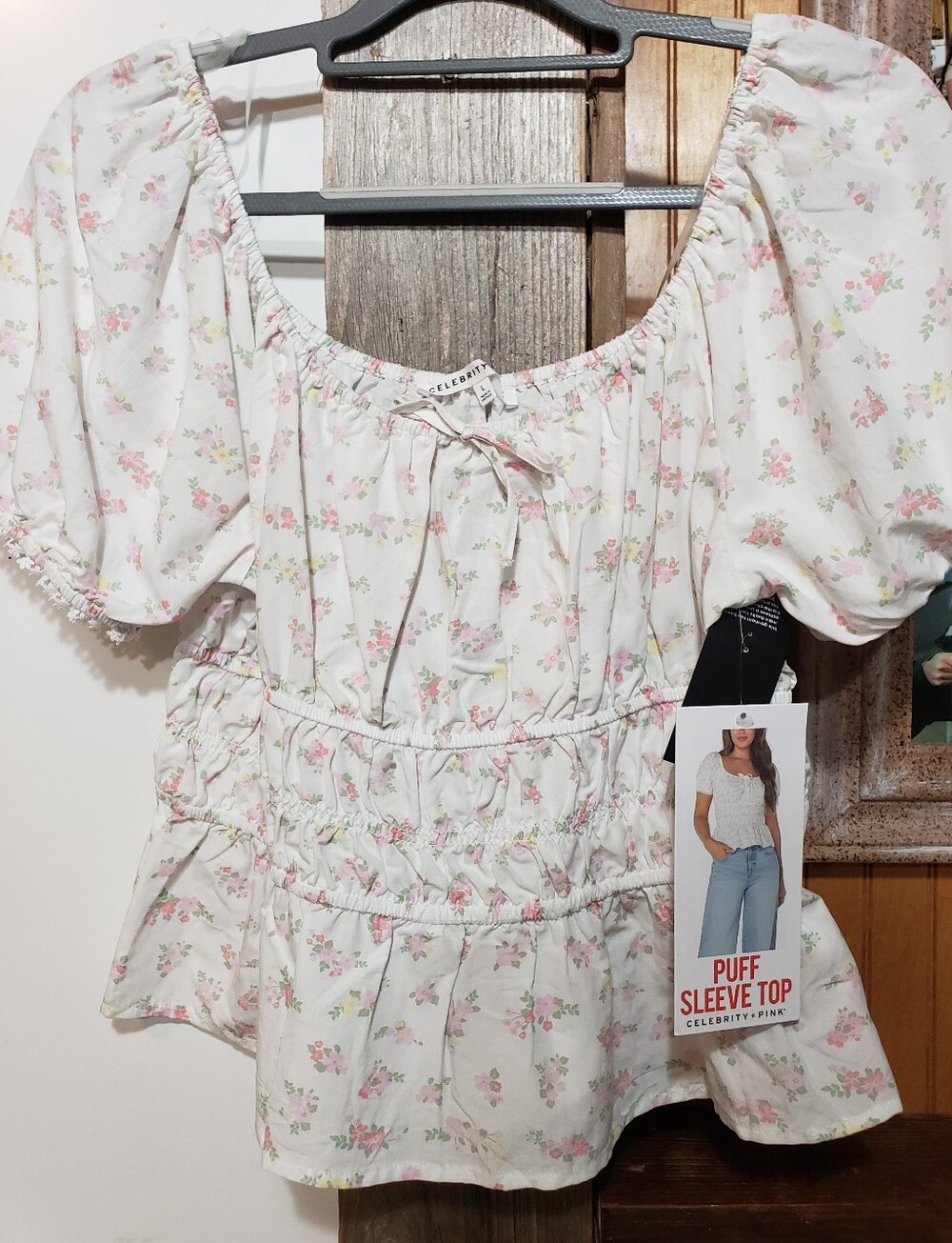 New W/tags Ditsy Pink White Floral Babydoll Peplum Puff Sleeves Lace Large